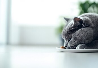 Poster - Content grey cat resting its head on a plate in a sunlit room with greenery : Generative AI