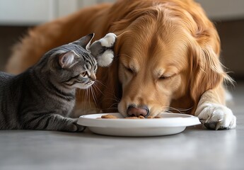 Poster - Cat Playfully Pawing at Golden Retriever While Enjoying a Shared Meal : Generative AI