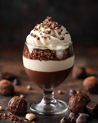 Aufkleber - Delectable chocolate dessert layered with cream and chocolate shavings garnished with truffles on dark background : Generative AI