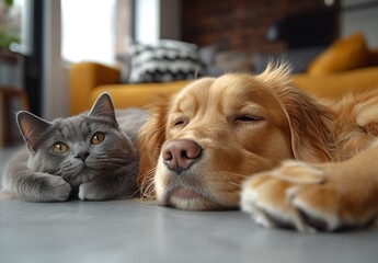 Poster - Friendly golden retriever and gray cat cuddled up for a nap in a trendy modern apartment : Generative AI
