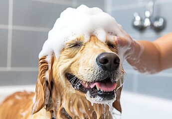 Poster - Golden retriever dog enjoying a relaxing bath with soap bubbles covering its head and face : Generative AI