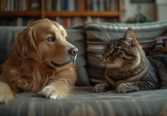 Poster - Golden Retriever and Tabby Cat Engaged in a Peaceful Stare on a Cozy Sofa : Generative AI