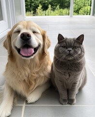 Poster - Happy golden retriever and serious cat posing together on a sunny day : Generative AI