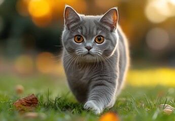 Poster - Charming British Shorthair Cat with Bright Eyes Walking Across a Green Lawn in Autumn : Generative AI
