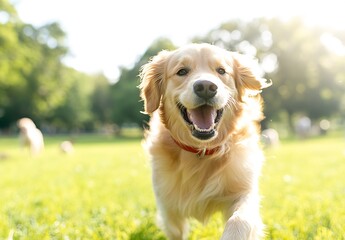 Aufkleber - Happy golden retriever running joyfully on green grass during a sunny day in the park : Generative AI
