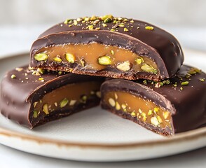 Poster - Tempting chocolate caramel dessert with pistachio pieces stacked on a plate ready to enjoy for sweet lovers : Generative AI