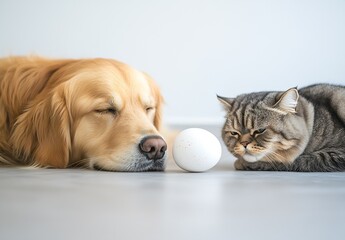 Poster - Golden Retriever and Gray Cat Quietly Observing an Egg in a Calm Setting : Generative AI