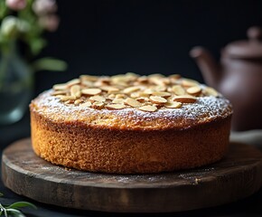 Aufkleber - Homemade almond cake topped with sliced almonds and powdered sugar : Generative AI