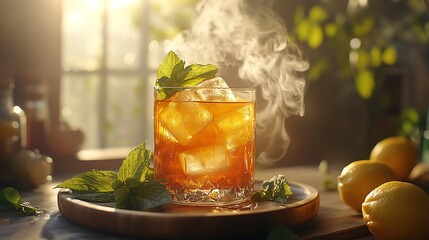 Aufkleber - Smoky cocktail served over ice with mint and lemons providing a warm and inviting atmosphere for relaxation : Generative AI