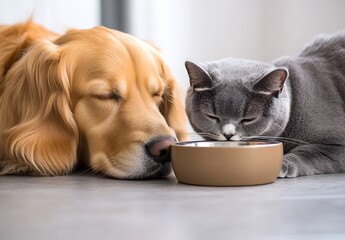 Poster - Golden retriever and gray cat peacefully sharing a meal in a cozy indoor setting : Generative AI