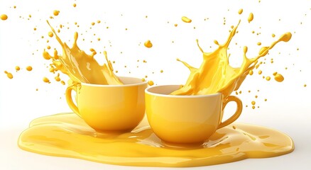 Poster - Vibrant yellow cups splashing liquid on white surface creating a playful scene : Generative AI