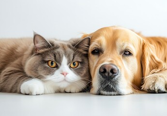Poster - Beautiful gray cat lounges next to golden retriever in a bright and serene setting : Generative AI