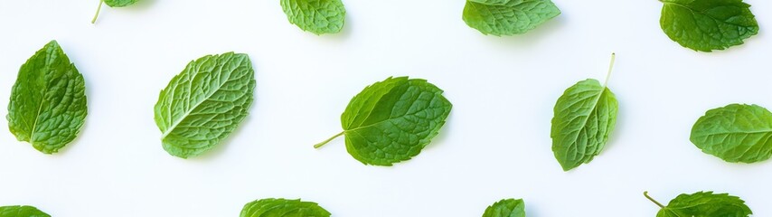 Poster - Beautiful Fresh Mint Leaves Arranged on a White Background for Natural Aesthetics : Generative AI