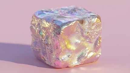 Poster - Iridescent Crystal Cube on Soft Pink Background with Shiny Texture