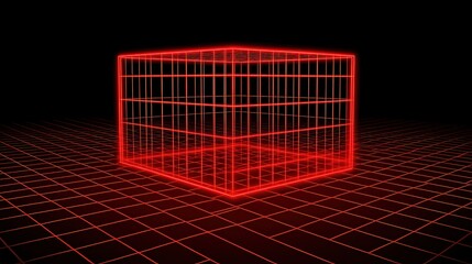 Poster - Red Wireframe Cube Floating in 3D Space with Grid Background