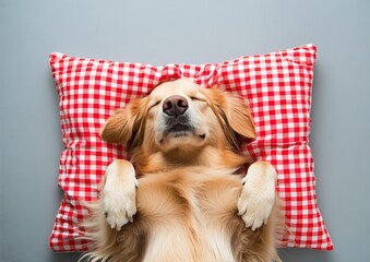 Poster - Golden retriever dog sleeping peacefully on a red and white checkered pillow with a content expression : Generative AI