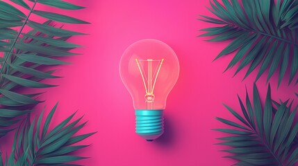 Poster - A vibrant pink background features a glowing light bulb surrounded by green foliage, creating a modern and artistic aesthetic.