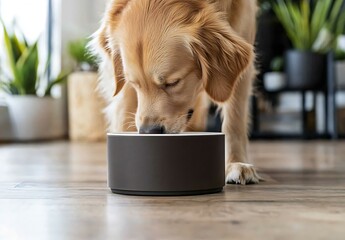 Poster - Golden retriever dog happily sniffing its food bowl in a stylish modern home with plants : Generative AI
