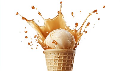 Poster - Creamy vanilla ice cream splashed with vibrant caramel creating a tantalizing ice cream experience : Generative AI