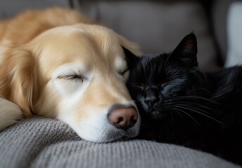 Poster - Cute golden retriever and black cat sleeping peacefully together on a cozy blanket : Generative AI