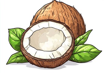 Aufkleber - Fresh Coconut Half Opened Surrounded by Green Leaves on White Background : Generative AI