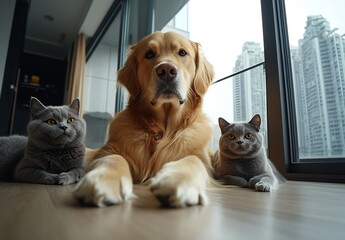 Poster - Golden Retriever and Two British Shorthair Cats Charming in Stylish Home Setting : Generative AI