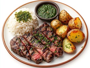 Aufkleber - Delicious Grilled Steak with Rice and Roasted Potatoes Accompanied by Fresh Chimichurri Sauce : Generative AI