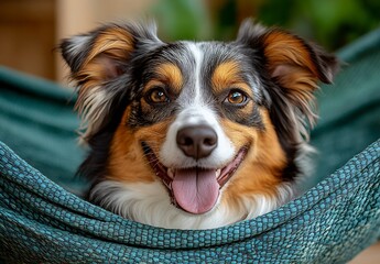 Poster - Cute happy Australian shepherd enjoying a cozy moment in a hammock with a bright smile : Generative AI