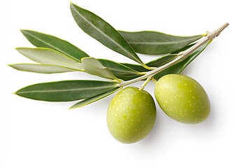 Aufkleber - Two ripe green olives nestled with fresh leaves on a pure white background capturing nature's beauty : Generative AI