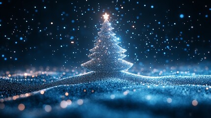 Aufkleber - A sparkling blue Christmas tree decorated with a glowing star and a shimmering snow background : Generative AI