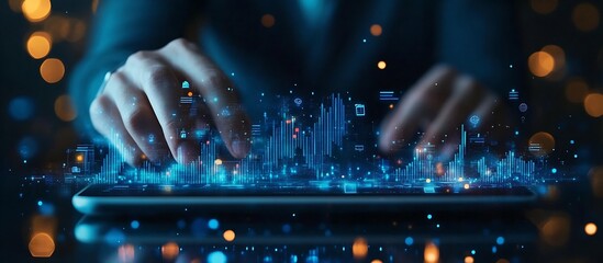 Fototapete - Futuristic hands interacting with glowing data visualization on a tablet surface in a stylish office space : Generative AI