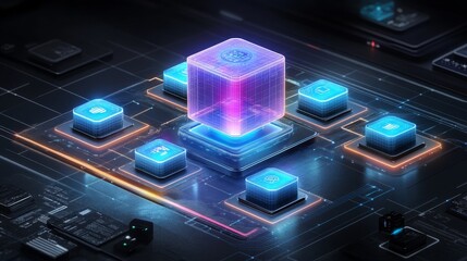 Poster - Abstract futuristic circuit board with glowing cube representing advanced technology and connectivity for artificial intelligence innovation