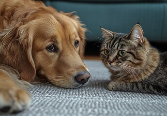 Poster - Charming Encounter of a Golden Retriever and a Tabby Cat Sharing an Intimate Moment on a Rug : Generative AI