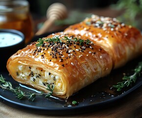 Poster - Delicious golden baklava drizzled with honey and sprinkled with seeds creating an exquisite dessert display : Generative AI