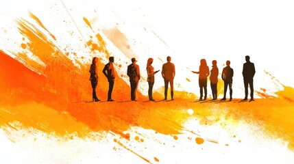 Poster - silhouetted figures standing in a vibrant, abstract background of orange and yellow hues