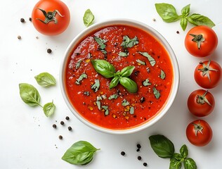 Poster - Vibrant tomato basil sauce garnished with fresh basil and tomatoes ideal for cooking and flavorful dishes : Generative AI