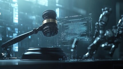 Leinwandbilder - Futuristic concept showing gavel with holographic digital data and robotic elements in a courtroom setting : Generative AI