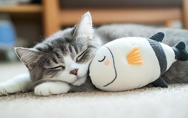 Poster - Adorable gray cat peacefully sleeping next to a plush fish toy in a cozy indoor setting : Generative AI