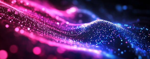 Fototapete - Vibrant colorful abstract wave design with bright pink and blue lights shining in a dark background : Generative AI