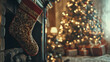 © Aditya - A cozy Christmas scene featuring a decorated stocking hanging on a fireplace mantel, with a beautifully lit Christmas tree and presents softly blurred in the background.
