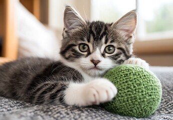 Poster - Charming tabby kitten lounging with a green ball of yarn on soft couch : Generative AI