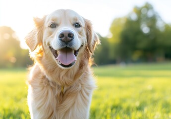 Aufkleber - Smiling golden retriever enjoying the sunshine in a vibrant green park : Generative AI