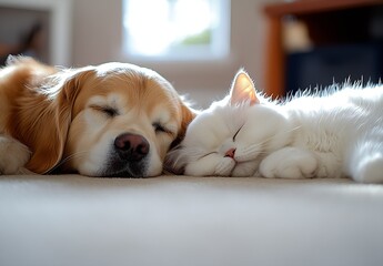 Poster - Sweet golden retriever and fluffy white cat sleeping peacefully together in a warm home environment : Generative AI