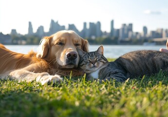Poster - Golden retriever and tabby cat resting together on soft grass with city skyline in the background : Generative AI