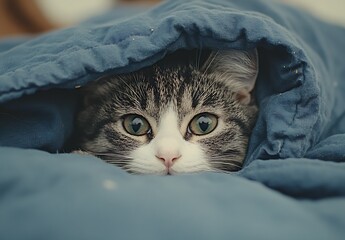 Poster - Cuddly cat nestled in a soft blue blanket with innocent eyes peeking out : Generative AI