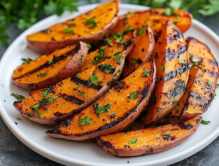 Aufkleber - Grilled sweet potatoes seasoned with herbs and spices arranged beautifully on a white plate : Generative AI