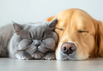 Poster - Adorable dog and cat snuggling while resting together creating a charming serene atmosphere : Generative AI