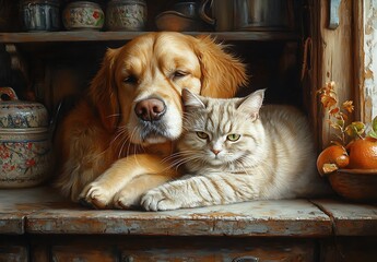 Poster - Golden Retriever and Cat Cuddling Together in a Cozy Kitchen Environment with Vintage Decor : Generative AI