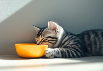Poster - Sleepy kitten resting with head near orange bowl in a sunlit corner of a room : Generative AI