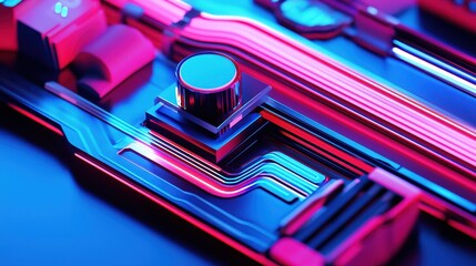 Poster - Futuristic Circuit Board Design with Vibrant Neon Colors and Lights
